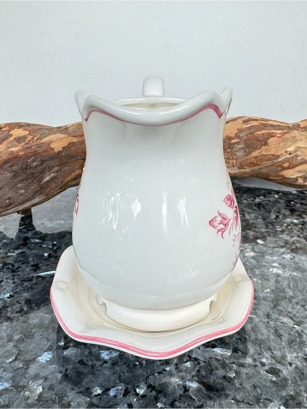 Vintage Small Pink & White Floral Planter, Pitcher & Saucer Style, 4.5” Tall
